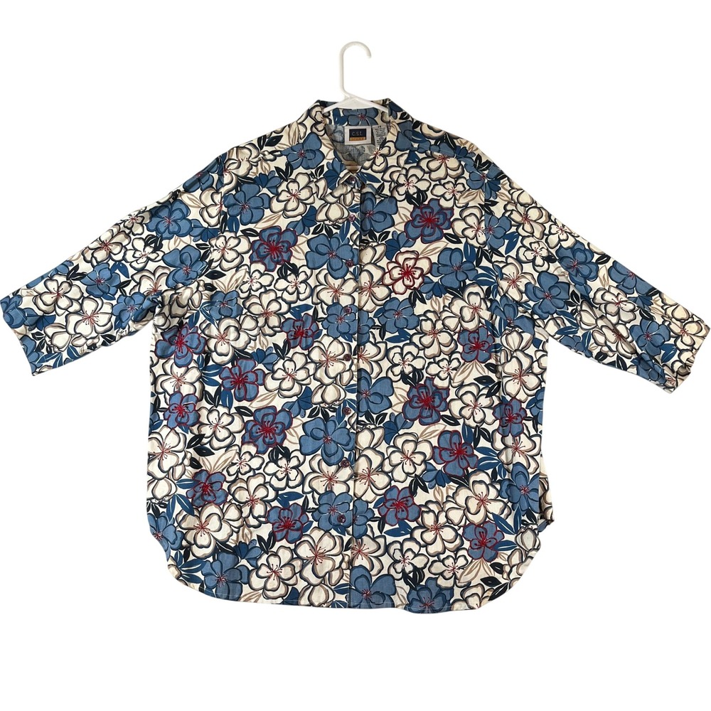 CST Sport Shirt Men 2X Linen Blend Floral Button Up Blue Short Sleeve Top